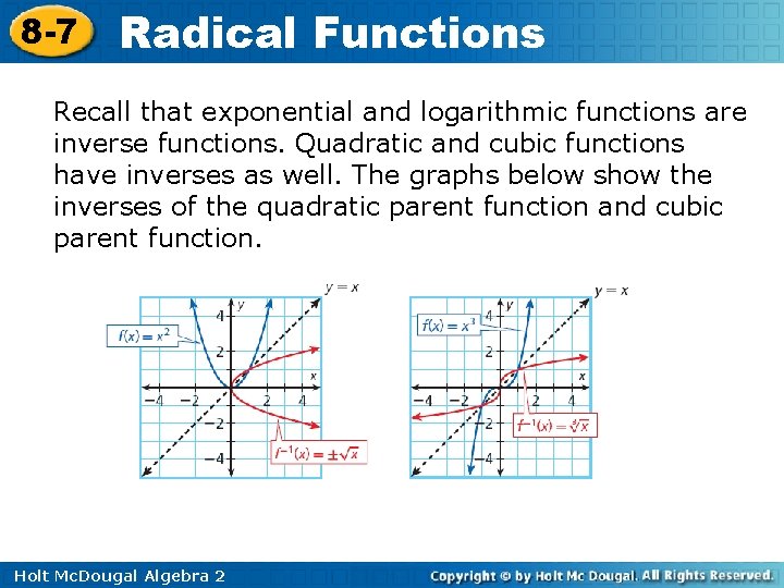 8 -7 Radical Functions Recall that exponential and logarithmic functions are inverse functions. Quadratic