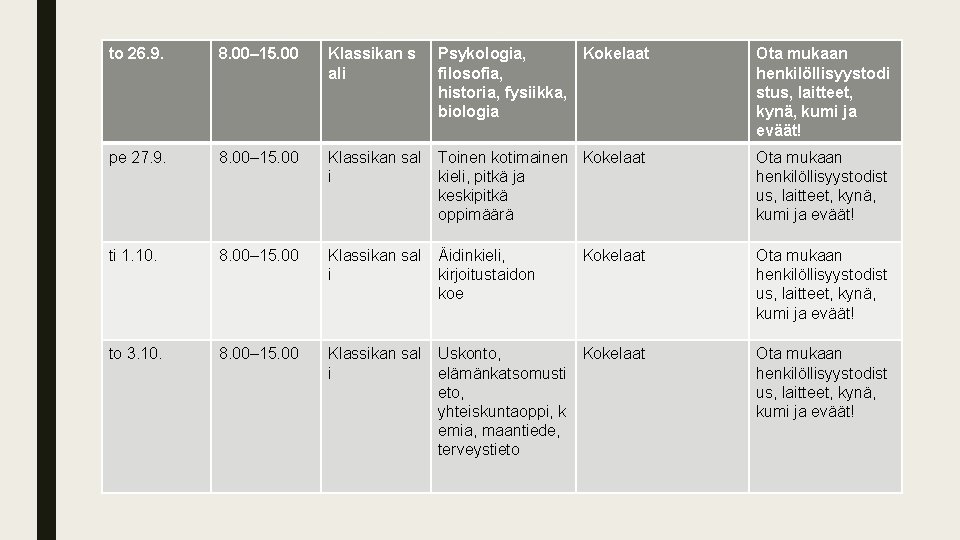 to 26. 9. 8. 00– 15. 00 Klassikan s ali Psykologia, Kokelaat filosofia, historia,