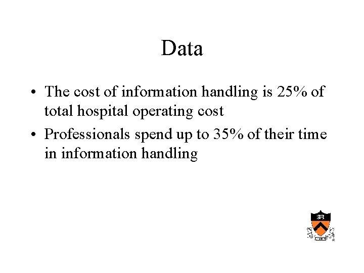 Data • The cost of information handling is 25% of total hospital operating cost