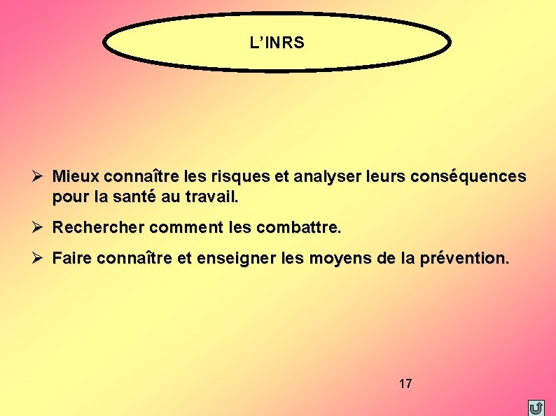 L’INRS Mieux connaître les risques et analyser leurs conséquences pour la santé au travail.