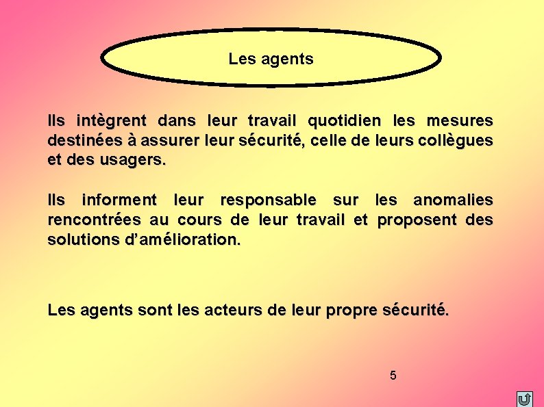 Les agents Ils intègrent dans leur travail quotidien les mesures destinées à assurer leur