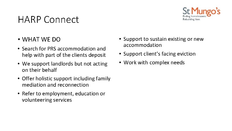 HARP Connect • WHAT WE DO • Search for PRS accommodation and help with