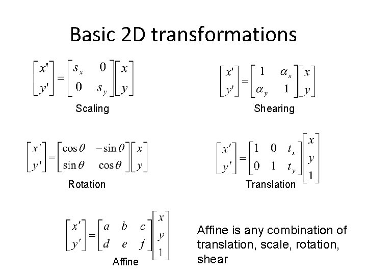 Basic 2 D transformations Scaling Shearing Rotation Translation Affine is any combination of translation,