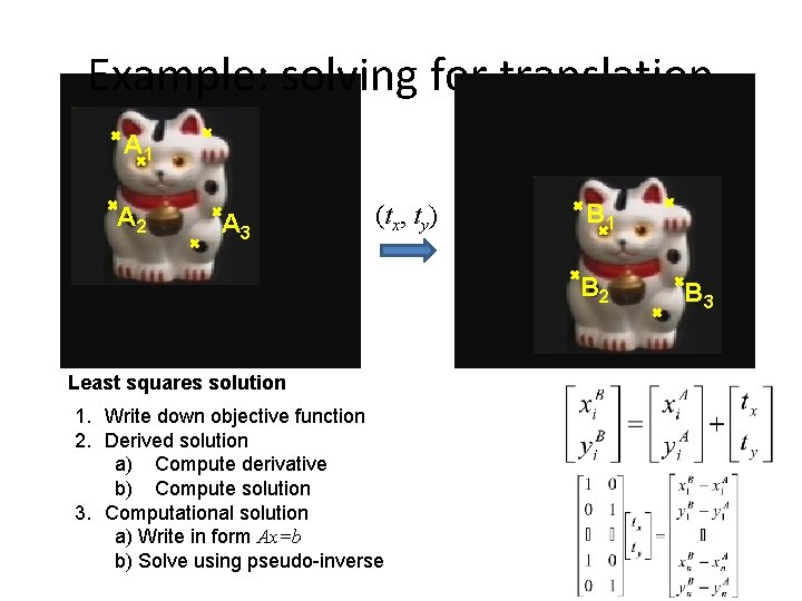 Example: solving for translation A 1 A 2 A 3 (tx, ty) B 1