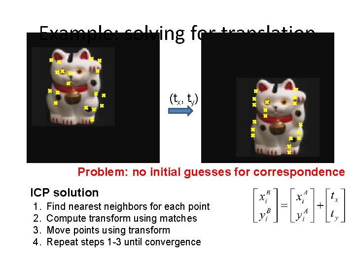 Example: solving for translation (tx, ty) Problem: no initial guesses for correspondence ICP solution