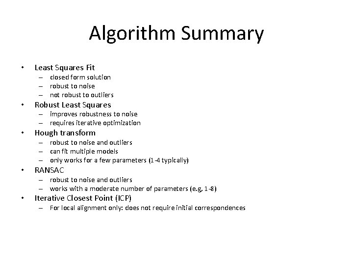 Algorithm Summary • Least Squares Fit – closed form solution – robust to noise