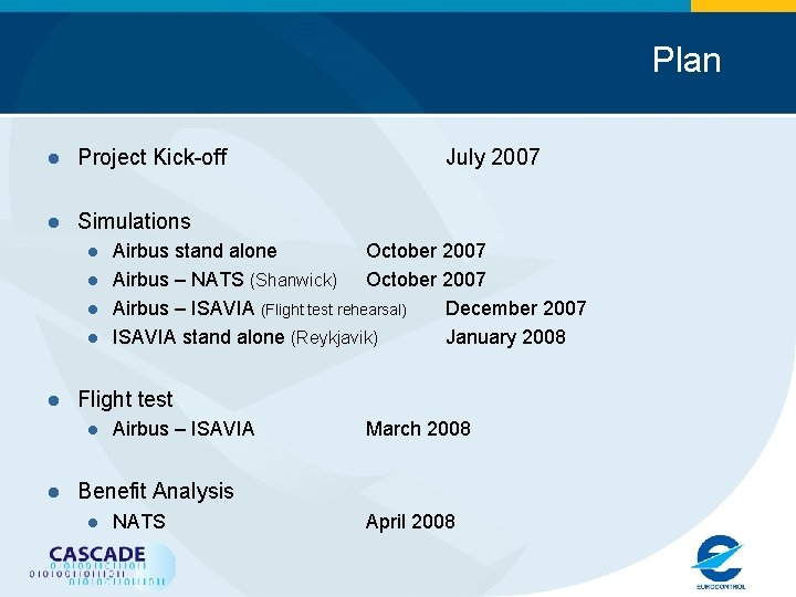 Plan l Project Kick-off l Simulations l l l Airbus stand alone October 2007