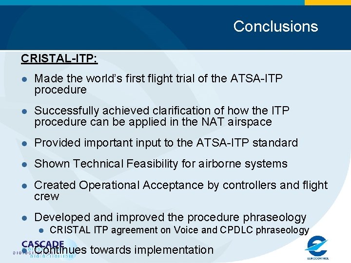 Conclusions CRISTAL-ITP: l Made the world’s first flight trial of the ATSA-ITP procedure l