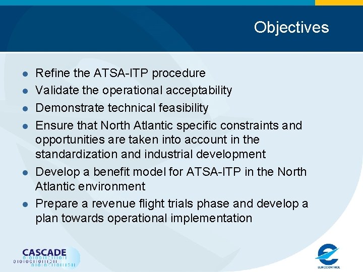 Objectives l l l Refine the ATSA-ITP procedure Validate the operational acceptability Demonstrate technical