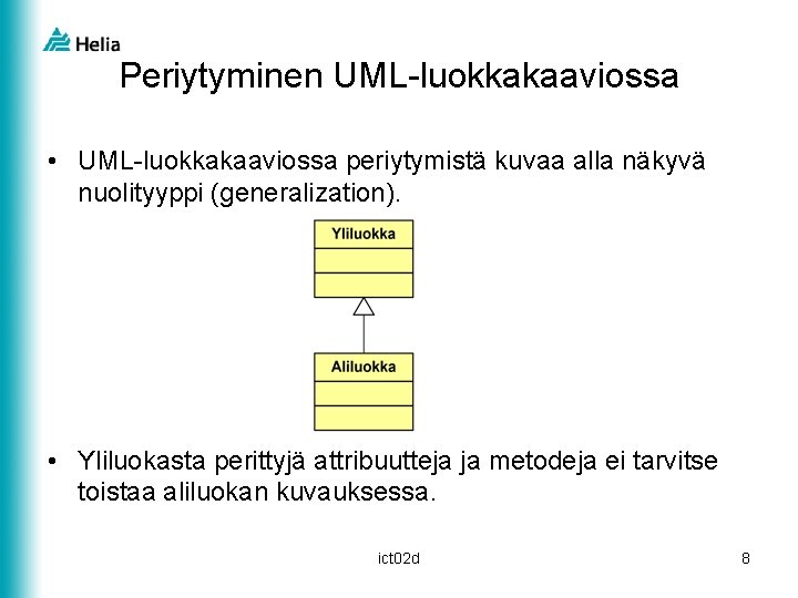 Periytyminen UML-luokkakaaviossa • UML-luokkakaaviossa periytymistä kuvaa alla näkyvä nuolityyppi (generalization). • Yliluokasta perittyjä attribuutteja
