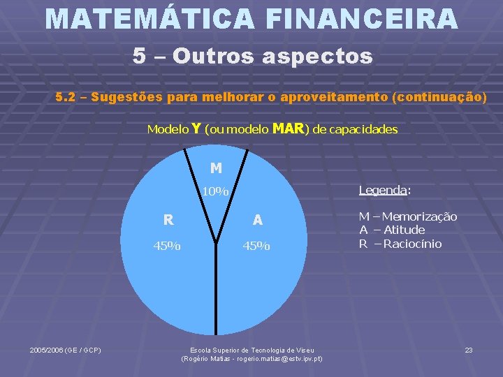 MATEMÁTICA FINANCEIRA 5 – Outros aspectos 5. 2 – Sugestões para melhorar o aproveitamento