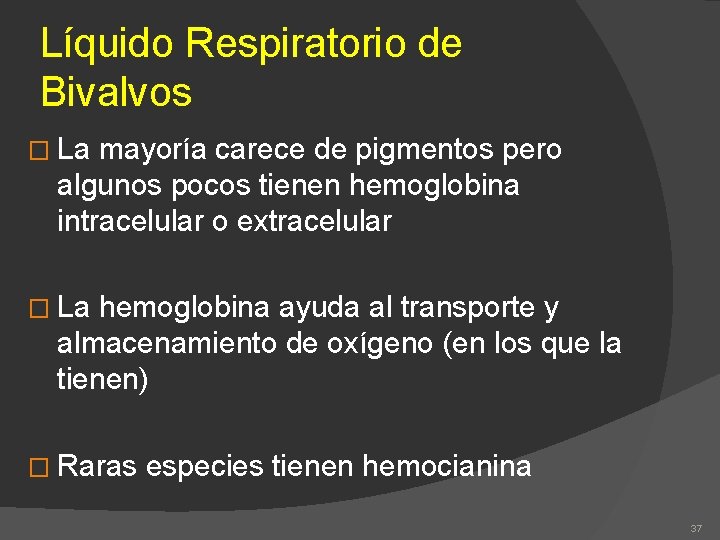 Líquido Respiratorio de Bivalvos � La mayoría carece de pigmentos pero algunos pocos tienen