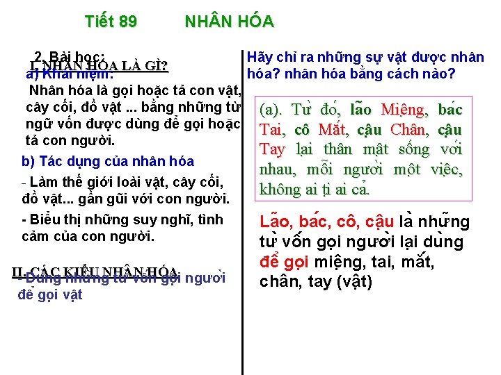 Tiết 89 NH N HÓA 2, Bài học: Hãy chỉ ra những sự vật