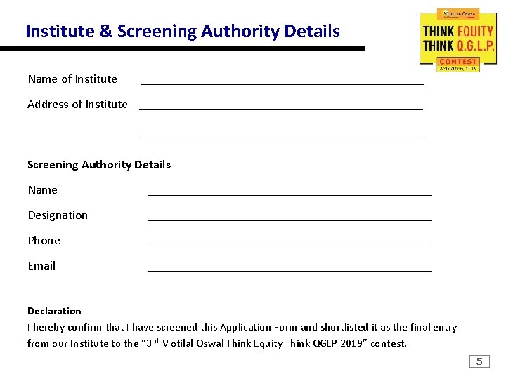 Institute & Screening Authority Details Name of Institute _______________________ Address of Institute _____________________________________________ Screening