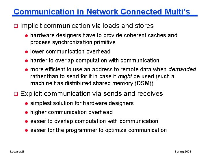 Communication in Network Connected Multi’s q q Implicit communication via loads and stores l