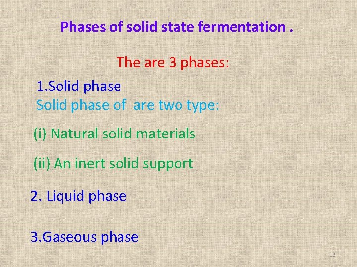 Phases of solid state fermentation. The are 3 phases: 1. Solid phase of are