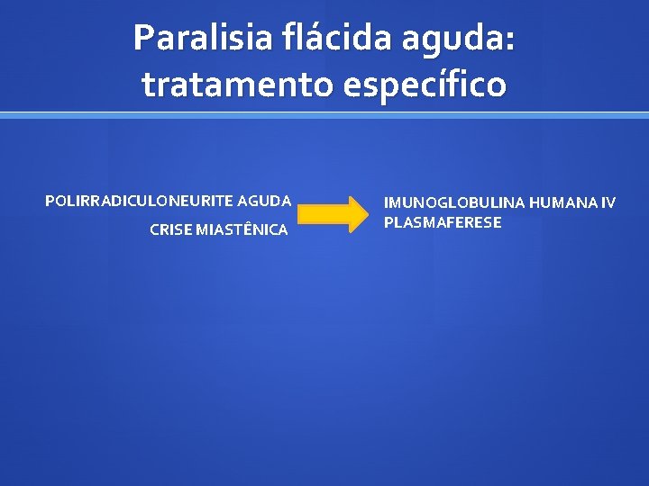 Paralisia flácida aguda: tratamento específico POLIRRADICULONEURITE AGUDA CRISE MIASTÊNICA IMUNOGLOBULINA HUMANA IV PLASMAFERESE 