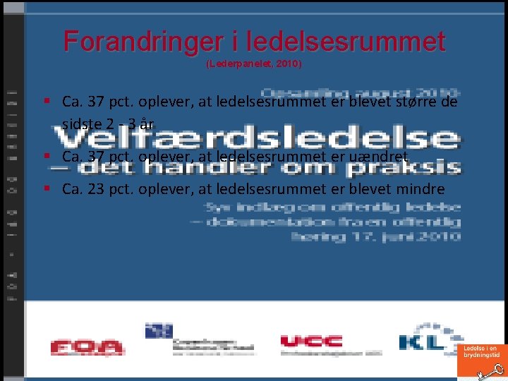 Forandringer i ledelsesrummet (Lederpanelet, 2010) § Ca. 37 pct. oplever, at ledelsesrummet er blevet