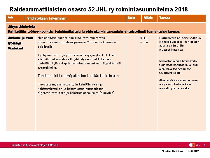 Raideammattilaisten osasto 52 JHL ry toimintasuunnitelma 2018 Asia Yhdistyksen tekeminen Kuka Milloin Tavoite Järjestötoiminta