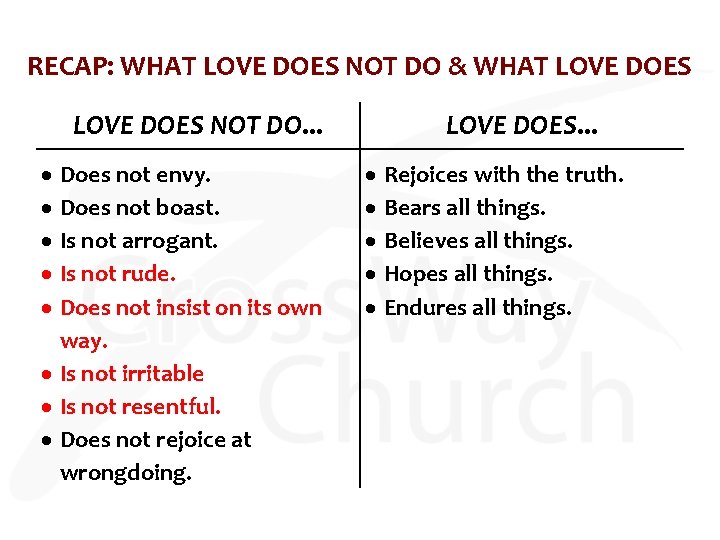 RECAP: WHAT LOVE DOES NOT DO & WHAT LOVE DOES NOT DO. . .