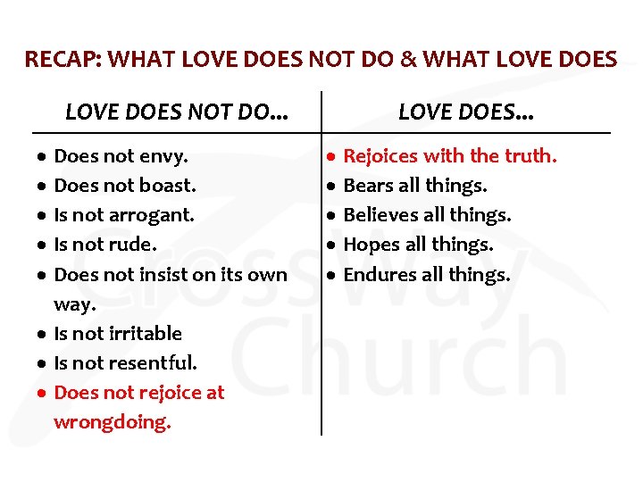 RECAP: WHAT LOVE DOES NOT DO & WHAT LOVE DOES NOT DO. . .