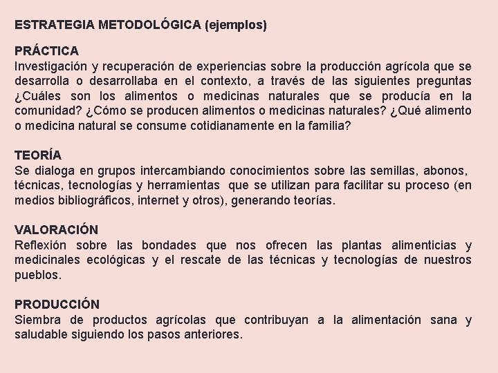 ESTRATEGIA METODOLÓGICA (ejemplos) PRÁCTICA Investigación y recuperación de experiencias sobre la producción agrícola que