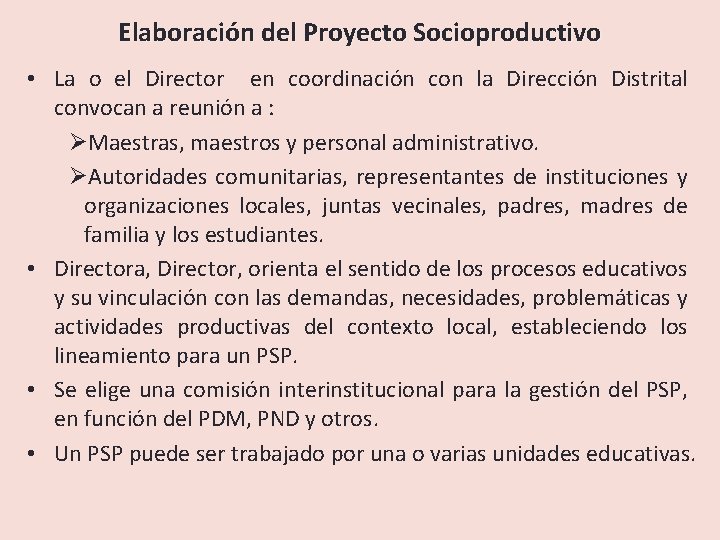 Elaboración del Proyecto Socioproductivo • La o el Director en coordinación con la Dirección