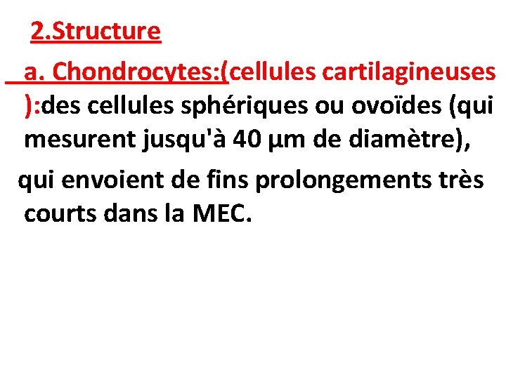 2. Structure a. Chondrocytes: (cellules cartilagineuses Chondrocytes: ( ): des cellules sphériques ou ovoïdes