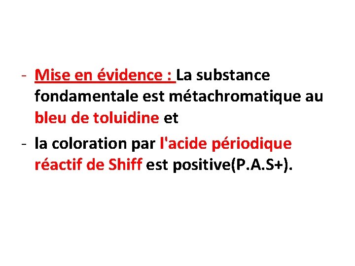 - Mise en évidence : La substance fondamentale est métachromatique au bleu de toluidine