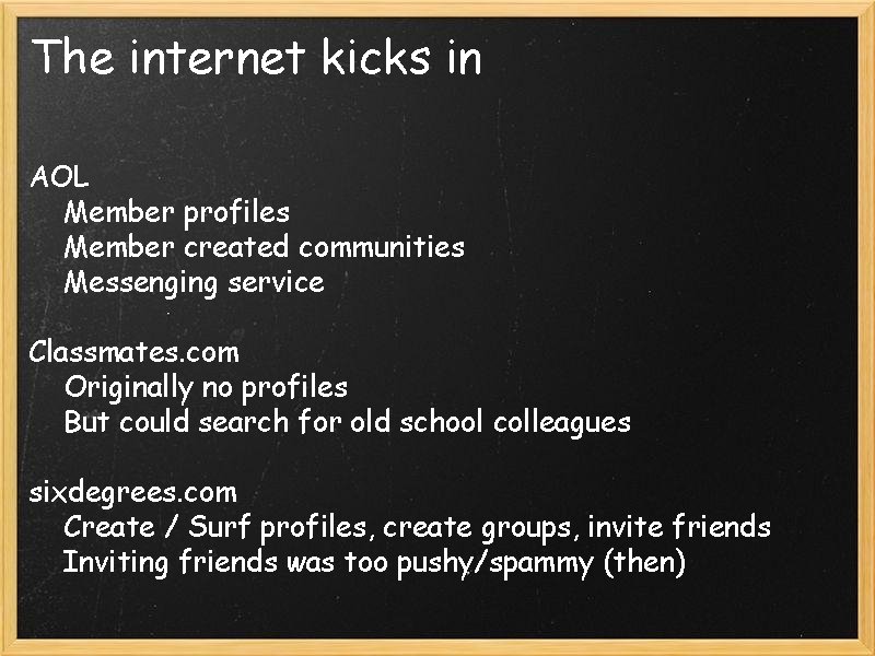 The internet kicks in AOL Member profiles Member created communities Messenging service Classmates. com