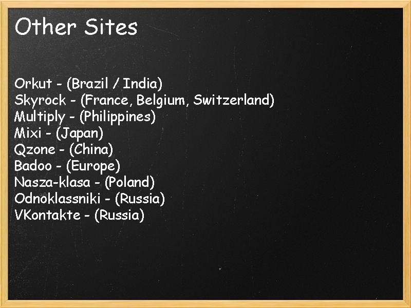 Other Sites Orkut - (Brazil / India) Skyrock - (France, Belgium, Switzerland) Multiply -