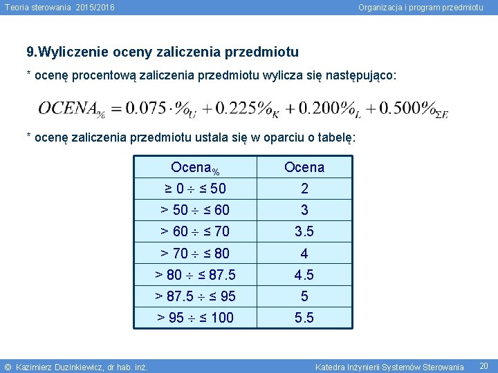 Teoria sterowania 2015/2016 Organizacja i program przedmiotu 9. Wyliczenie oceny zaliczenia przedmiotu * ocenę