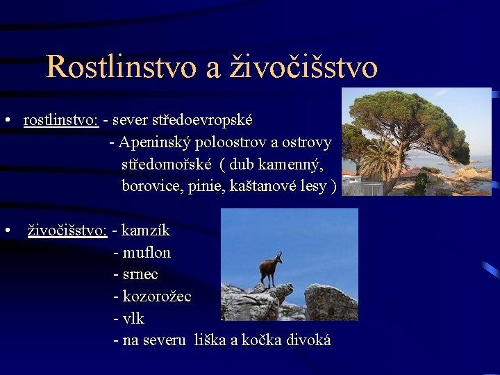 Rostlinstvo a živočišstvo • rostlinstvo: - sever středoevropské - Apeninský poloostrov a ostrovy středomořské