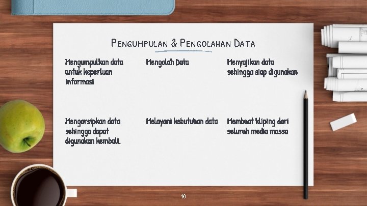 Pengumpulan & Pengolahan Data Mengumpulkan data untuk keperluan informasi Mengolah Data Menyajikan data sehingga