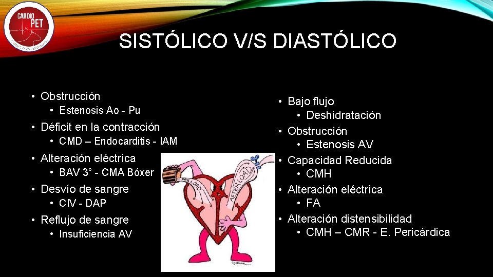 SISTÓLICO V/S DIASTÓLICO • Obstrucción • Estenosis Ao - Pu • Déficit en la