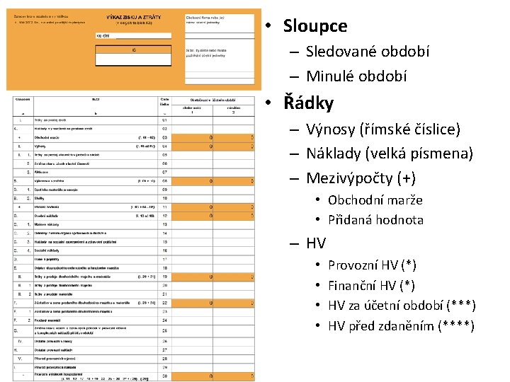  • Sloupce – Sledované období – Minulé období • Řádky – Výnosy (římské