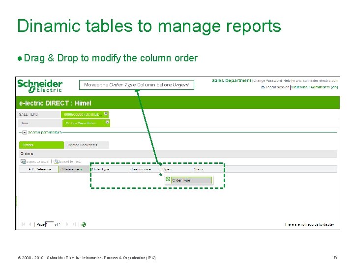 Dinamic tables to manage reports ● Drag & Drop to modify the column order