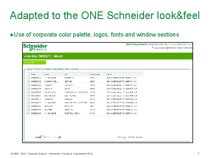 Adapted to the ONE Schneider look&feel ● Use of corporate color palette, logos, fonts