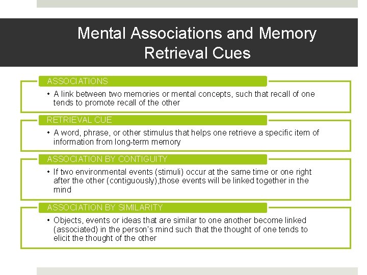 Mental Associations and Memory Retrieval Cues ASSOCIATIONS • A link between two memories or