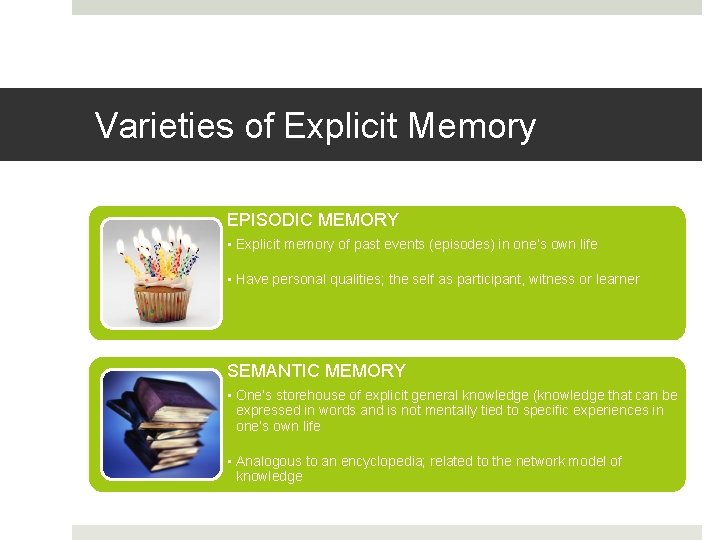 Varieties of Explicit Memory EPISODIC MEMORY • Explicit memory of past events (episodes) in