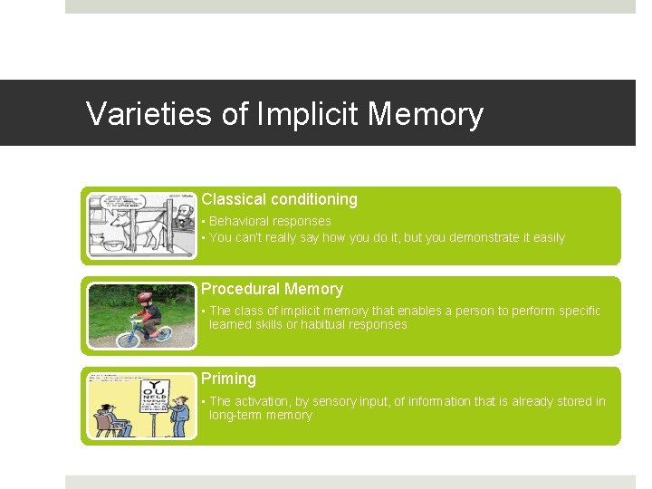 Varieties of Implicit Memory Classical conditioning • Behavioral responses • You can’t really say