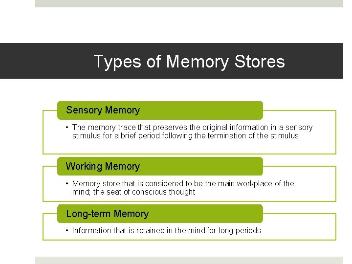 Types of Memory Stores Sensory Memory • The memory trace that preserves the original