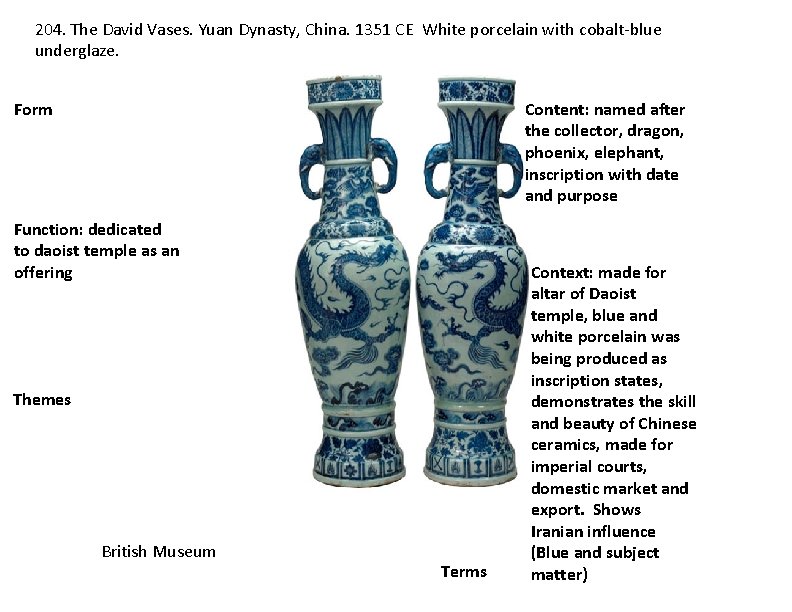 204. The David Vases. Yuan Dynasty, China. 1351 CE White porcelain with cobalt-blue underglaze.