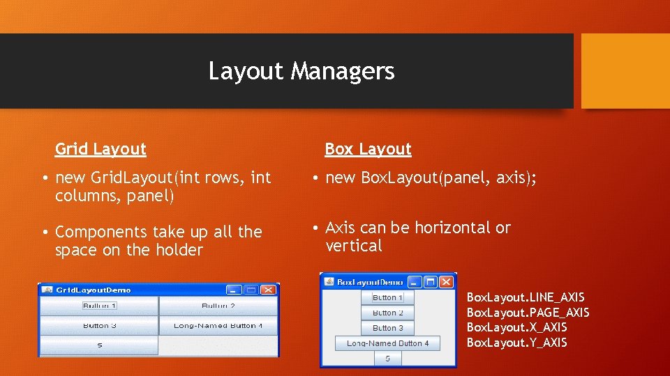 Layout Managers Grid Layout Box Layout • new Grid. Layout(int rows, int columns, panel)