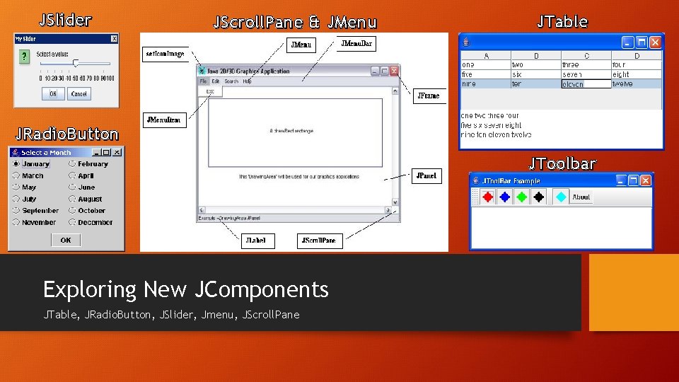 JSlider JScroll. Pane & JMenu JTable JRadio. Button JToolbar Exploring New JComponents JTable, JRadio.