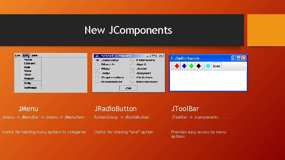 New JComponents JMenu JRadio. Button JTool. Bar Jmenu JMenu. Bar Jmenu JMenu. Item Button.