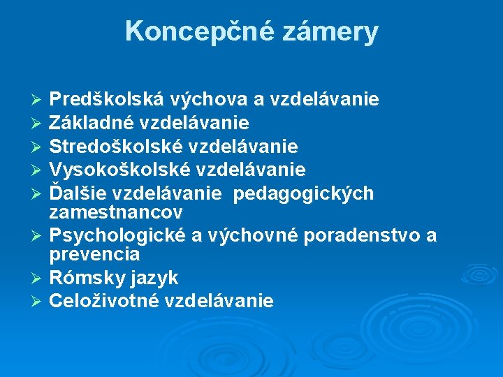 Koncepčné zámery Predškolská výchova a vzdelávanie Základné vzdelávanie Stredoškolské vzdelávanie Vysokoškolské vzdelávanie Ďalšie vzdelávanie