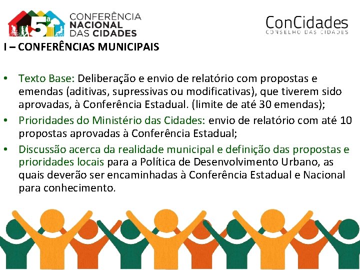 I – CONFERÊNCIAS MUNICIPAIS • Texto Base: Deliberação e envio de relatório com propostas