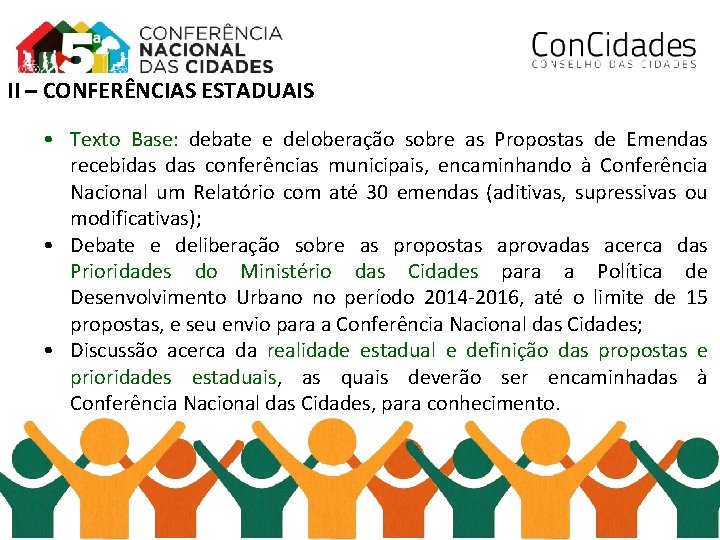 II – CONFERÊNCIAS ESTADUAIS • Texto Base: debate e deloberação sobre as Propostas de