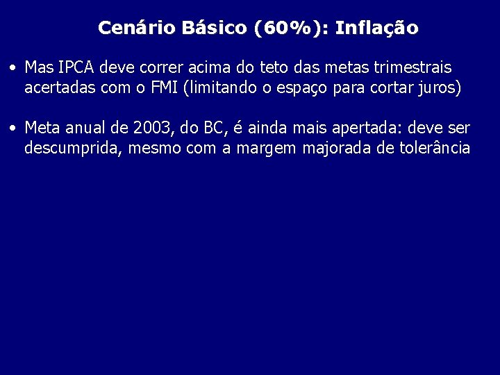 Cenário Básico (60%): Inflação • Mas IPCA deve correr acima do teto das metas